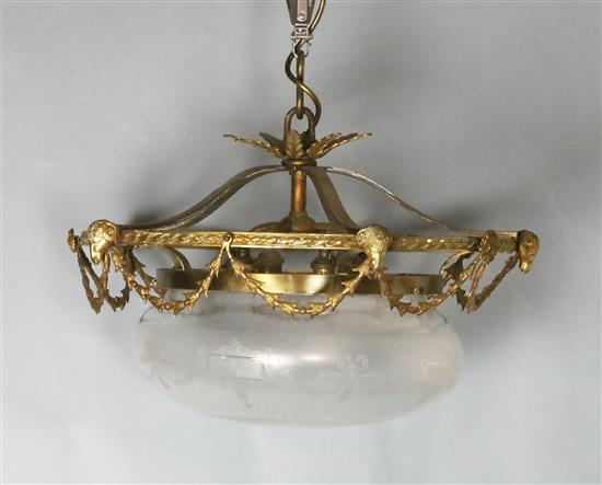 An Adam revival gilt brass and etched and cut glass hall lantern Diam. 1ft 8in. Drop 1ft